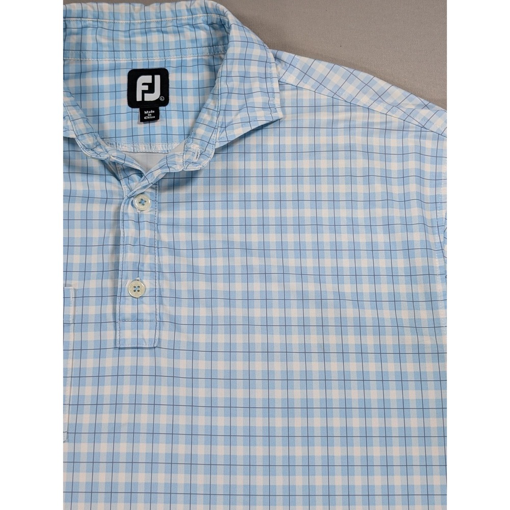 FootJoy Shirt Men's Large Blue White Check Golf Polo Quick Dry Lightweight